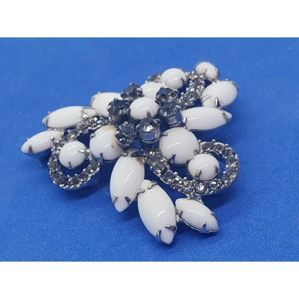 Vintage Milk Glass Rhinestone Brooch Pin White Navette Floral Swirl 1950s